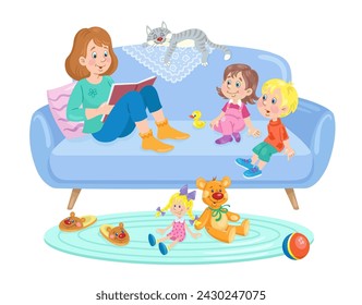 Mom reads a book to her children while sitting on the sofa. In cartoon style. Isolated on white background. Vector flat illustration.21