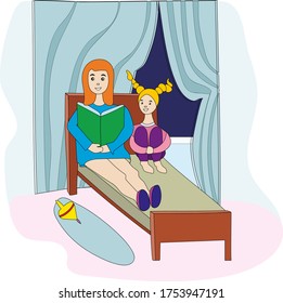 Mom reads a book to her daughter in bed before going to bed. The concept of family values ​​and love, joint activities. Vector illustration