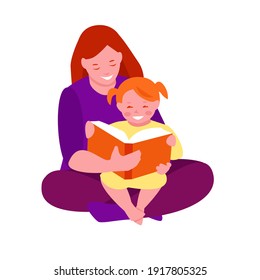 Maman lit un livre à sa fille. La petite fille est assise sur les genoux de sa mère. Illustration vectorielle dans un style de dessin animé à plat. Isolé sur fond blanc.