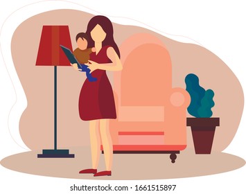 Mom reads an e-book to her daughter. Development of children. Concept of vector illustration in flat style