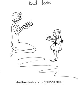 Mom reads the girl the book. Vector illustration.