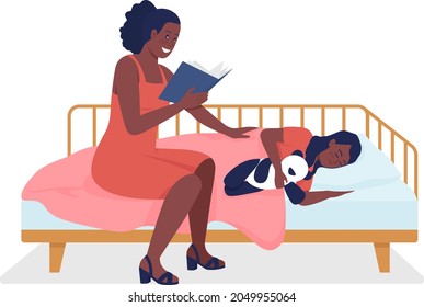 Mom reads for kid semi flat color vector characters. Sitting figures. Full body people on white. Family members isolated modern cartoon style illustration for graphic design and animation