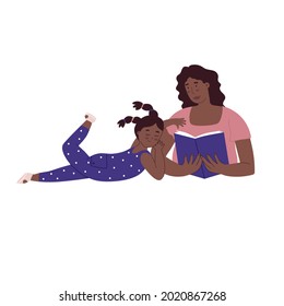 Mom reads the story to her daughter. Reading books at night. Flat style in vector illustration. Family day, child education, single mother, black skin people, alphabet. Isolated.