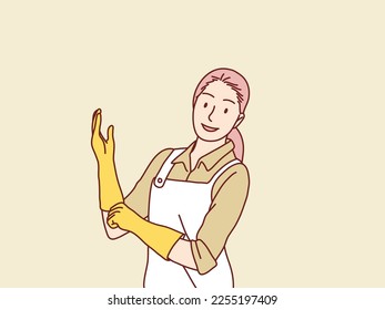 Mom ready to cleaning works with rubber gloves simple korean style illustration