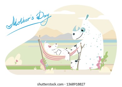 
Mom rhino and baby. Mothers Day. White rhinos. Background. Mom rocks the baby.