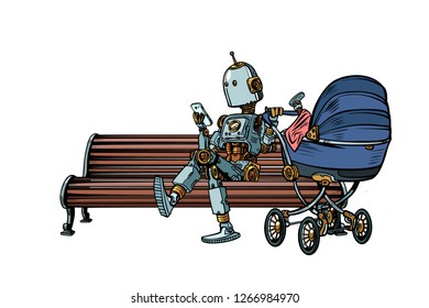 mom robot resting in the Park with a baby stroller. motherhood. Pop art retro vector illustration kitsch vintage