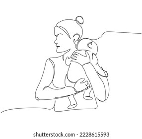 Mom rocking the baby in her arms one line art. Continuous line drawing of newborn, motherhood, family, love, child, care, childhood, pleasant worries, children s sleep.