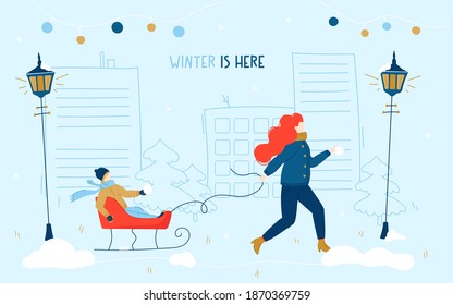 Mom rolls the child on a sled in a snowy park . Vector flat design of people. Cozy cartoon holiday illustration. Happy New Year And Merry Christmas postcard