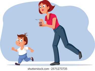 
Mom Running After Toddler Boy with Food Vector Cartoon. Little kid refusing to take medicine runs away from his mother
