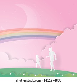 Mom running with his son. Happy mothers day, Paper art, Paper cut, Craft vector, design