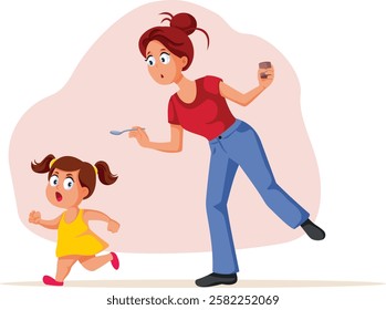 
Mom Running with a Spoon After Her Little Daughter Vector Cartoon. Frustrated parent trying to feed her kid with puree chasing little girl
