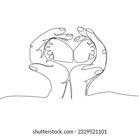 Mom s hands hold the legs of a newborn one line art. Continuous line drawing of motherhood, family, endless love, child, mother s day, baby feet, tenderness.