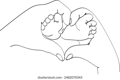 Mom s hands hold the legs of a newborn one line art. Continuous line drawing of motherhood, family, endless love, child, mother s day, baby feet, tenderness. Without artificial intelligence