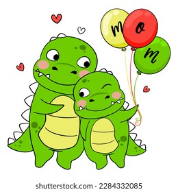 Mom Saurus , Mommy T-Rex and Baby Dinosaurus Hug With balloons T-Shirt Design For Mother's Day EPS. File vector illustration character design  Doodle Funny cartoon style 