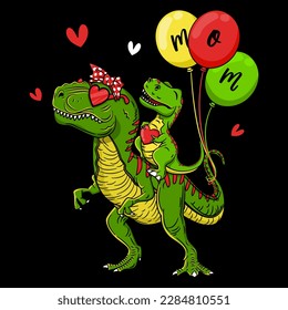 Mama Saurus , Mommy T-Rex und Baby Dinosaurus mit Ballons T-Shirt Design für Muttertag EPS.  Dateivektorgrafik-Zeichendesign Doodle Funny Cartoon-Stil 