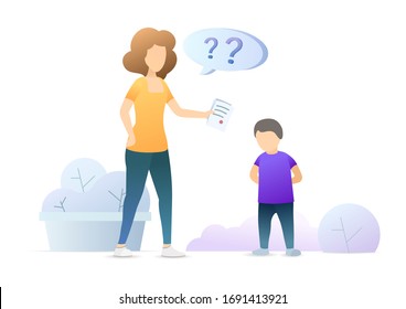 Mom With School Magazine Is Nagging Her Young Son. Poor School Performance. Sad Child. Vector Flat Illustration Concept On White Background.