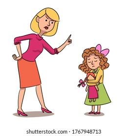 Mom scolds daughter isolated persons. Angry mother punish, little sad girl hugs toy doll. Conflicts with parents, child discipline, domestic problem. Vector character illustration of parenting kid