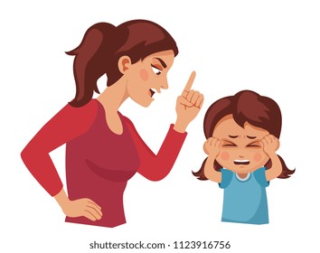 Mom scolds daughter. Mother yelling at child, kid is afraid and closes her ears with her hands. Quarrel of parents and children. Cartoon vector illustration.