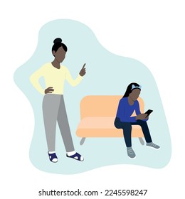 Mom scolds her daughter, who is sitting on the sofa with a phone in her hands, raising teenagers, flat vector, isolate on white, people with dark skin