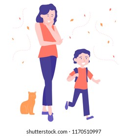 Mom sees her son off to school. The first school day, September 1. A gentle look of a woman, a joyful child runs with a backpack. Red cat next door. Colorful illustration.