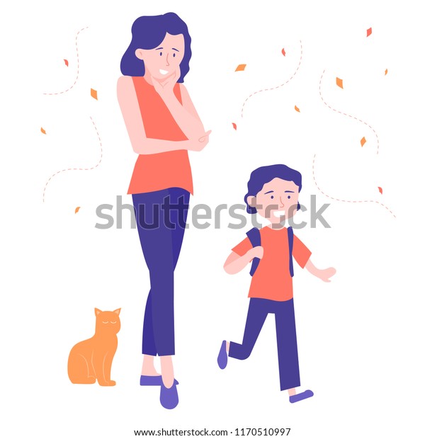 Mom sees her son
off to school. The first school day, September 1. A gentle look of
a woman, a joyful child runs with a backpack. Red cat next door.
Colorful illustration.