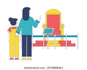 Mom shows her daughter the king's royal seat, education at the museum. Character design. Vector flat illustration