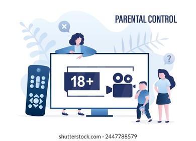 Mamá muestra a los niños en el límite de edad en la pantalla de televisión. Gran control remoto cerca de la pantalla. restricción de Edad. Video Los escolares quieren buscar Control parental. 18 más medios, señal de advertencia. Vector