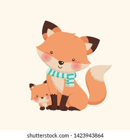 Mom and shy baby fox