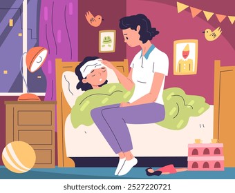 Mamá con un hijo enfermo. Madre ayuda enfermizo fiebre infantil debajo de la manta, cuidado de los padres enfermo bebé frío niños cuidado de los niños medicinas de la gripe tratamiento casero Ilustración vectorial con clase Obra de arte original