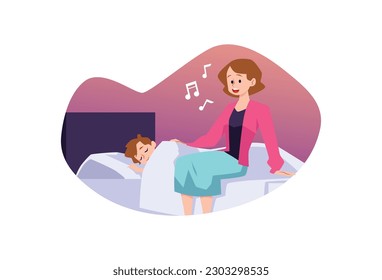 Mom sings lullaby to her baby before going to bed. Parent puts his child to sleep sitting in his bed, flat vector illustration isolated on white background.