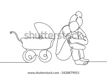 Mom sits with her back to the stroller with her newborn. Postpartum depression. Psychological support. Vector illustration. Images produced without the use of any form of AI software at any stage. 