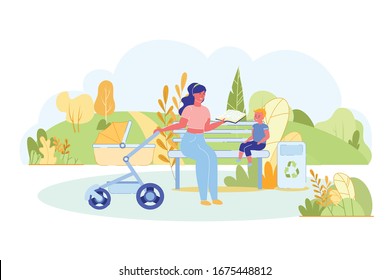 Mom Sits on Bench and Communicates with Sons. Woman Swinging Baby in Closed Stroller and Reading Book for Eldest Son. In Park, she Spend Time with both Children. Rear Footpath and Beautiful Nature.