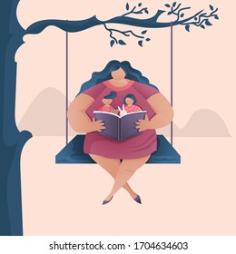 Mom sits on a swing under a tree and reads a book to her children. Vector illustration.