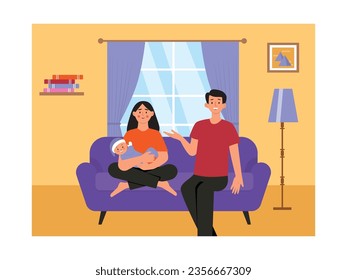 Mom sitting on the sofa with dad, holding the newborn baby in the living room. A happy little family. Character design. Vector flat illustration