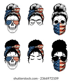 Mama Skelett Gesicht mit unordentlichen Knospen, Brille und Bandana Maske. American Flag Muster, Vektordruck, Clipart. Zuckerschädel mit Headband-Kerocher.