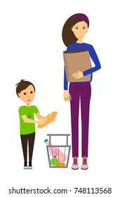 Mom and son with a basket of food on a white background. Vector. Family in the supermarket. Shopping.