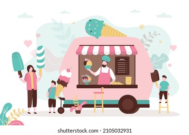 Mom and son bought different ice cream in van. Little boy eating popsicle. Man selling takeaway sweets in food truck. Child holding big gelato in waffle cone. Small business. Flat vector illustration