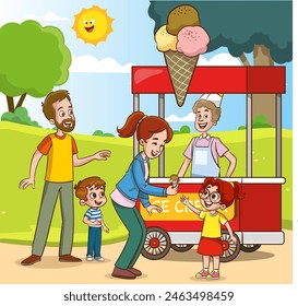 Las familias que compran helados en el parque compran los helados que venden en el camión