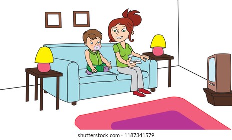 Mom son boy kid child watching tv television sitting on sofa pacifier in mouth remote control in hand