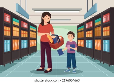 mom and son buying supplies characters