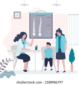 Mom And Son Came To Orthopedic Appointment. Doctor Diagnoses Child With Curvature Of Spine. Surgeon Informs Patient About Problems Of Musculoskeletal System. Orthopedics Concept. Vector Illustration