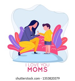 Mom and Son Celebrate Mother's Day Flat Illustration Vector