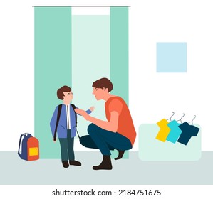 Mom With Son Choosing School Uniform In Clothes Store. Happy Boy Trying On New School Form In Fitting Room. Vector Illustration.