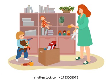 Mom and son are cleaning in the children's room. Family together do cleanliness. A babysitter wipes the dust in the closet. The child collects toys in a box. Vector in a flat style.