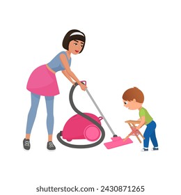 Mom and son cleaning room together, woman with vacuum cleaner vector illustration