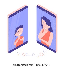 Mom and son communicate online via video on the phones. Mobile conversations, family communication, relatives. Vector illustration.