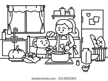 Mom and son are cooking mushroom soup coloring pages style.