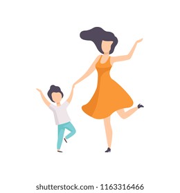 Mom and son dancing holding hands, kid having fun with her mother vector Illustration on a white background