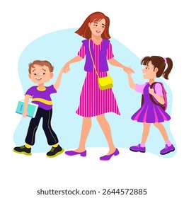 Mamãe, filho e filha estão de mãos dadas e caminhando para a escola. Cena familiar, cuidados, paternidade. Uma mãe amorosa e seus filhos passeando, conversando e sorrindo. Ilustração plana vetorial. 