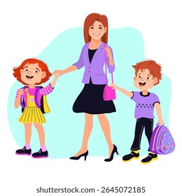 Mamãe, filho e filha estão de mãos dadas e caminhando para a escola. Cena familiar, cuidados, paternidade. Uma mãe amorosa e seus filhos passeando, conversando e sorrindo. Ilustração plana vetorial. 